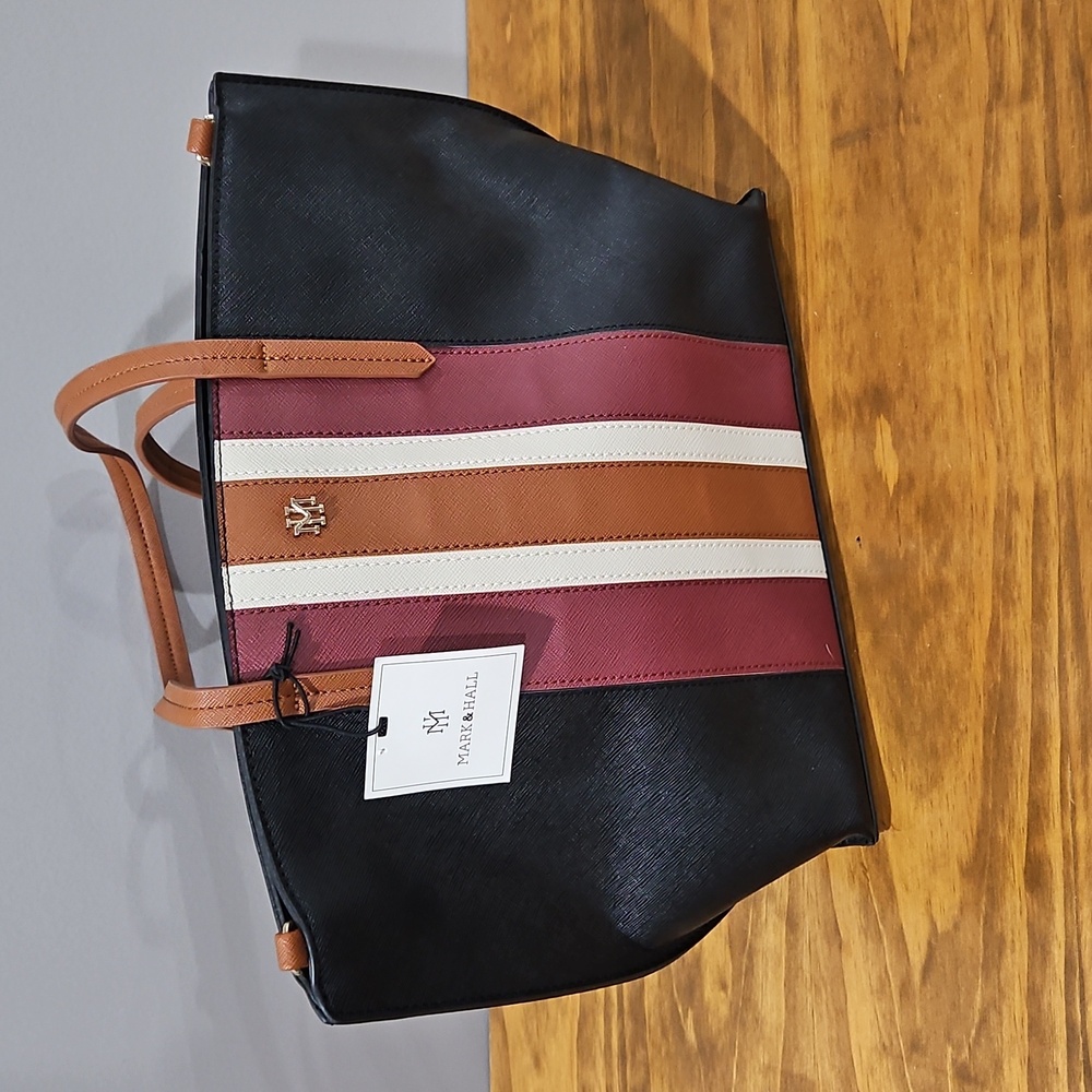 Mark& Hall Hand Bag With Shoulder Eith Extra Strap In Black W Strips On Front.